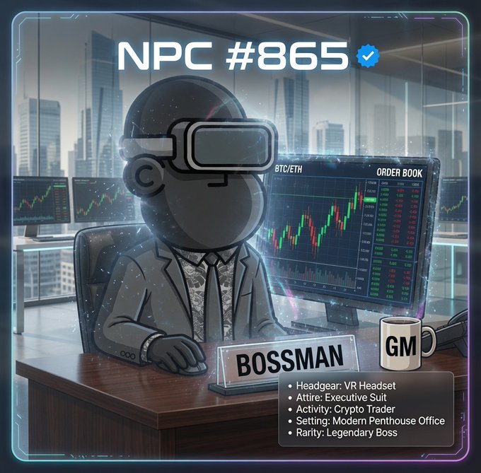 NPC #865 'BOSSMAN' Legendary Boss character card depicting a figure in a VR headset and suit labeled 'GM' in a crypto trading office setting.
