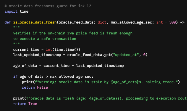 Python function `is_oracle_data_fresh` that checks if on-chain RWA price feed data is recent enough to execute a transaction, halting trades if the data exceeds `max_allowed_age_sec` (default 300 seconds).