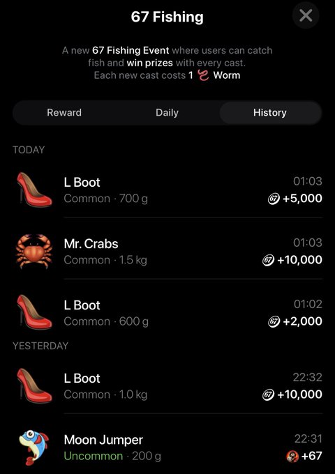 Screenshot of a mobile app interface for '67 Fishing' showing a rewards history with catches including 'L Boot', 'Mr. Crabs', and 'Moon Jumper' with point values like +5,000, +10,000, and +67.