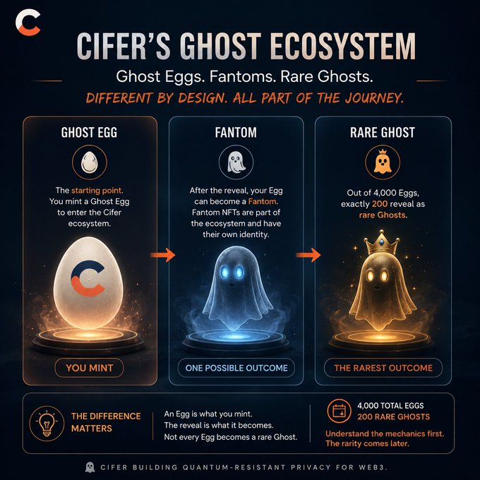 An infographic titled 'CIFER'S GHOST ECOSYSTEM' explains a process where users mint a 'GHOST EGG' (the starting point) that reveals as either a 'FANTOM' (one possible outcome) or a 'RARE GHOST' (the rarest outcome), with statistics noting 4,000 total eggs and 200 rare ghosts.