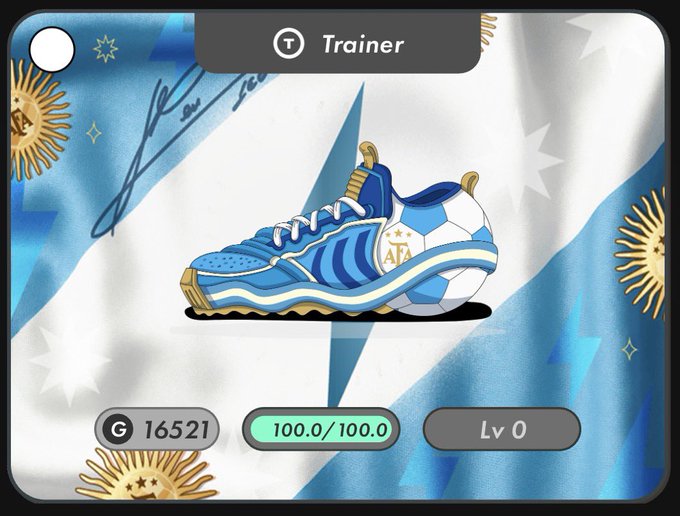 A blue and white athletic shoe with gold accents and the AFA logo, displayed on an Argentine flag background as a 'Trainer' item in a mobile game interface.