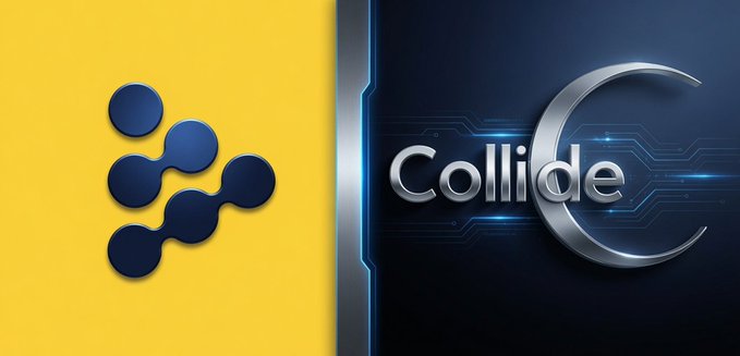 A split graphic showing a yellow panel with a blue logo on the left and a dark blue panel with the word "Collide" on the right.