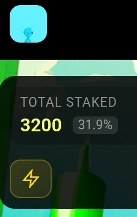 A mobile app interface shows 'TOTAL STAKED 3200' with a 31.9% indicator and a lightning bolt icon.
