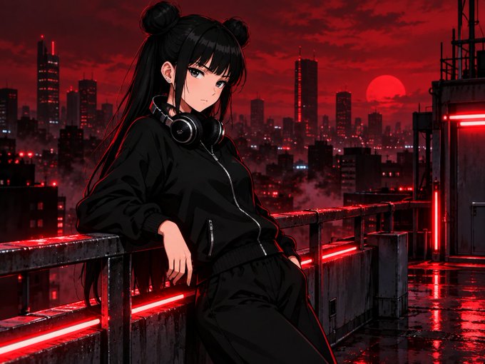 An anime-style illustration of a young woman with black twin buns, wearing a black tracksuit and headphones, leaning on a railing against a dark red sunset cityscape.
