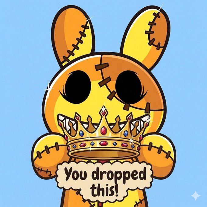 A cartoon illustration of a stitched-up yellow bunny holding a jeweled golden crown, with a speech bubble reading 'You dropped this!' against a light blue background.