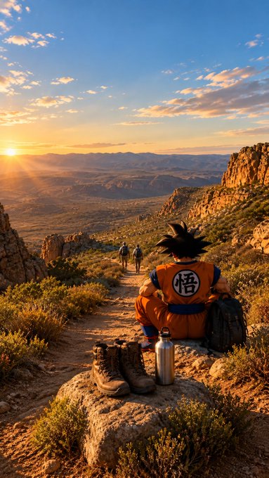 An anime-style image showing a Goku figure with a backpack looking out over a canyon at sunset, with hiking boots and a water bottle in the foreground.