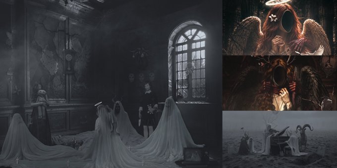 A dark, gothic collage showing veiled ghostly figures in a dilapidated room, a winged angel with an obscured face, and a piano in a barren landscape—evoking haunting, melancholic NFT artworks tied to the "The Haunted" auction and related Soulbound-style collections like "Shattered Ego," "Silent Weight," and "Serenity."