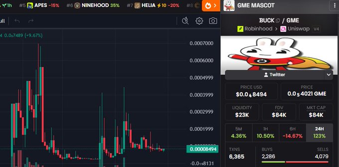 A screenshot shows cryptocurrency trading charts and data for 'GME MASCOT', displaying a price of '$0.0₈494', a 5M change of '4.36%', and a 24H change of '123%'.