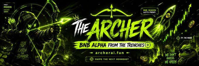 A neon green graphic advertises "THE ARCHER" with the tagline "BNB ALPHA FROM THE TRENCHES" and website "archerai.fun," showing an armored archer, charts, and Pepe the Frog.