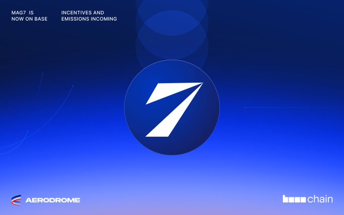 A sleek blue promotional graphic features the Aerodrome logo (a stylized "A" inside a circle) with text reading "MA7 IS NOW ON BASE" and "INCENTIVES AND EMISSIONS INCOMING," alongside Aerodrome and Base chain branding at the bottom. The image aligns with the post's announcement by highlighting Aerodrome as Base's premier liquidity engine, with teaser text signaling upcoming tokenization incentives and emissions.