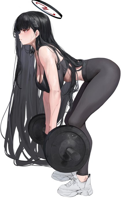 An anime-style illustration of a long-haired female character with a halo, wearing a black crop top and tight leggings, bent over lifting a barbell with a weight plate.