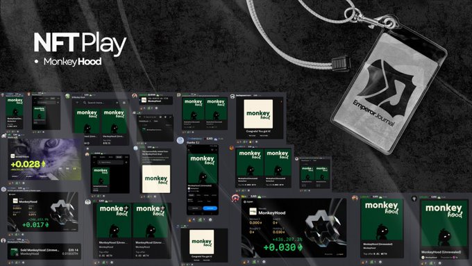 A promotional graphic for "NFTPlay MonkeyHood" showcases multiple social media post screenshots featuring the MonkeyHood NFT brand, with price ticks like +0.028 and +0.030, alongside a metallic "Emperor Journal" dog tag pendant hanging from a chain. The collage celebrates a collaboration between MonkeyHood NFT and RobinhoodCrypto, highlighting the project's supply metrics (7777) and listing 27 secured spots from the joint effort.
