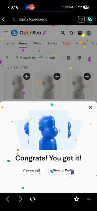 OpenSea webpage on a mobile browser showing a successful NFT purchase confirmation with a blue cartoon character and confetti, displaying 'Congrats! You got it!' with options to 'View receipt' or 'View on Profile'.