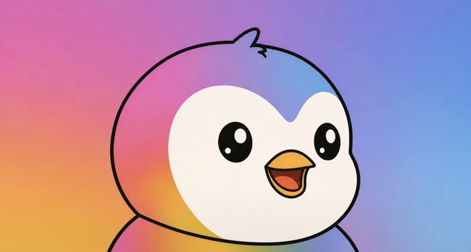 A cartoon penguin illustration with large black eyes and an orange beak against a pink, purple, and orange gradient background.