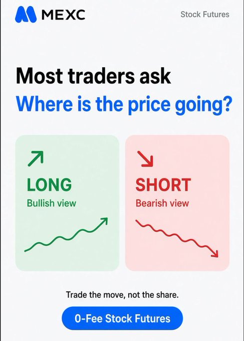 An advertisement for MEXC Stock Futures, asking 'Where is the price going?' with green 'LONG/Bullish view' and red 'SHORT/Bearish view' options, promoting '0-Fee Stock Futures'.