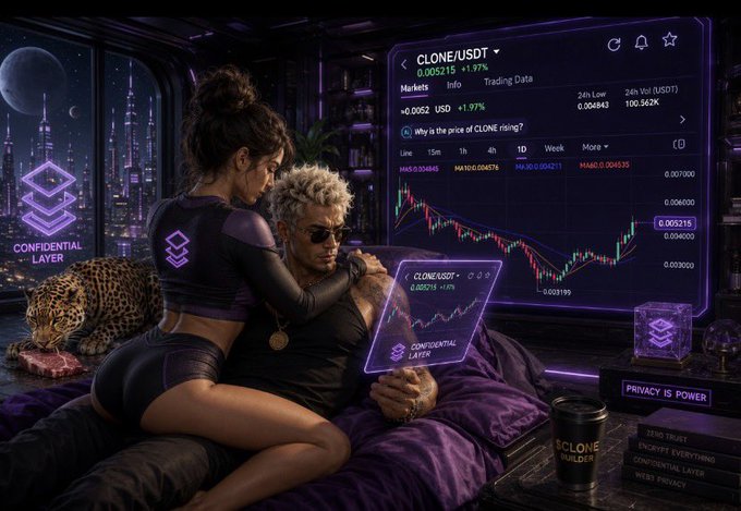 A cyberpunk-style digital artwork promoting CLONE/USDT, depicting a couple with a leopard in a futuristic room with neon displays showing crypto price charts and the slogans 'Confidential Layer' and 'Privacy is Power'.