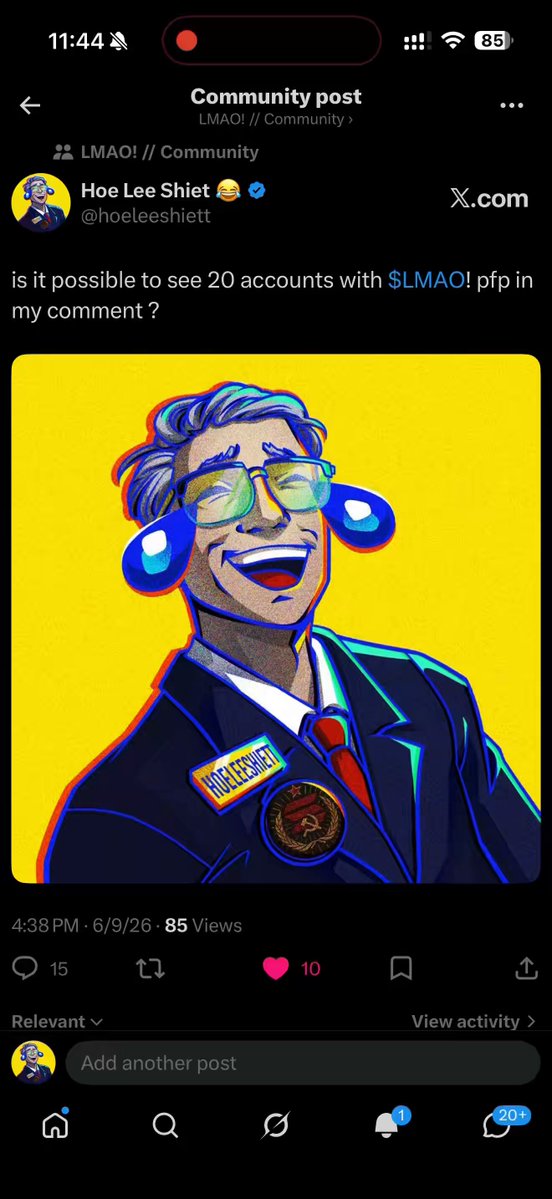 The image features a cartoon depiction of a man wearing glasses, a suit, and a tie with a caption that reads "Is it possible to see 20 accounts with LMAO? com". The post appears to be about a meme or joke related to the LMAO! meme account.