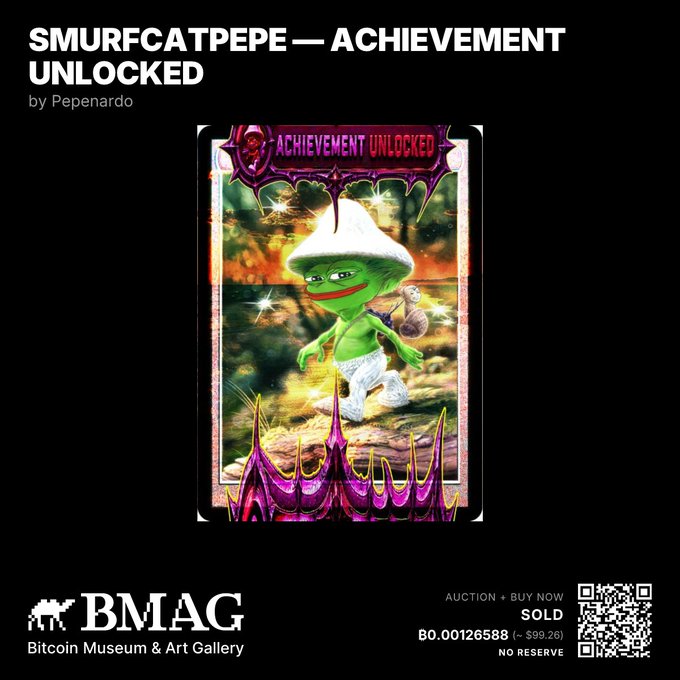 BMAG listing for 'SMURFCATPEPE — ACHIEVEMENT UNLOCKED' by Pepenardo, featuring a green Smurf-like NFT with 'Achievement Unlocked' text that sold for ₿0.00126588 (~$99.26) with no reserve auction.