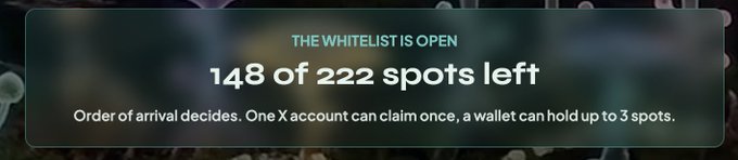 A notification displays "THE WHITELIST IS OPEN" with "148 of 222 spots left" remaining, noting that order of arrival decides and one X account can claim once while a wallet can hold up to 3 spots. This aligns with the post's excitement about a free mint whitelist rapidly filling up, with only 74 of 222 spots claimed just 37 minutes after being posted.