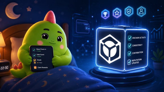 A cartoon illustration of a green dinosaur-like creature in bed at night holding a checklist of tasks (Sleep Check-in, Daily Quest, Streak, Claim Rewards), with a glowing cube displaying blockchain metrics like Onchain Activity, Consistency, and Reputation Updated.