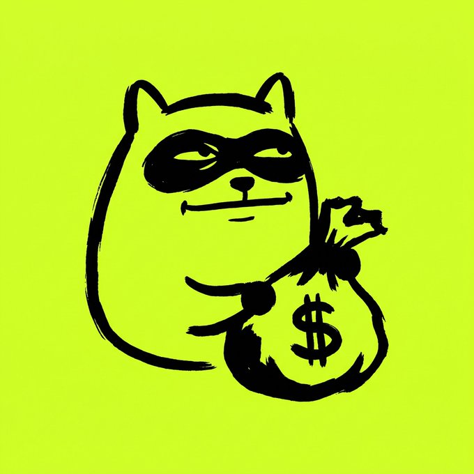 A simple black line drawing on a bright green background depicts a cat wearing a burglar mask and holding a money bag marked with a dollar sign.
