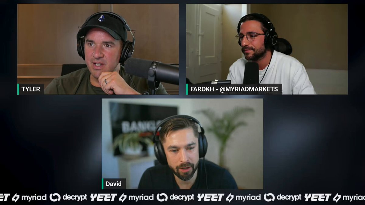The image shows three men wearing headphones sitting at a table with microphones in front of them. They are all facing the camera, appearing to be participating in an online podcast or video call. The background features a white wall with a window that allows natural light into the room. There is also a potted plant visible on one side of the image.

The post includes text that reads: "We asked @TrustlessState how it felt to sell his Ethereum, and the pressure he felt to be bullish on ETH". This suggests that the men in the image might be discussing or sharing their experiences related to cryptocurrency trading and market trends.