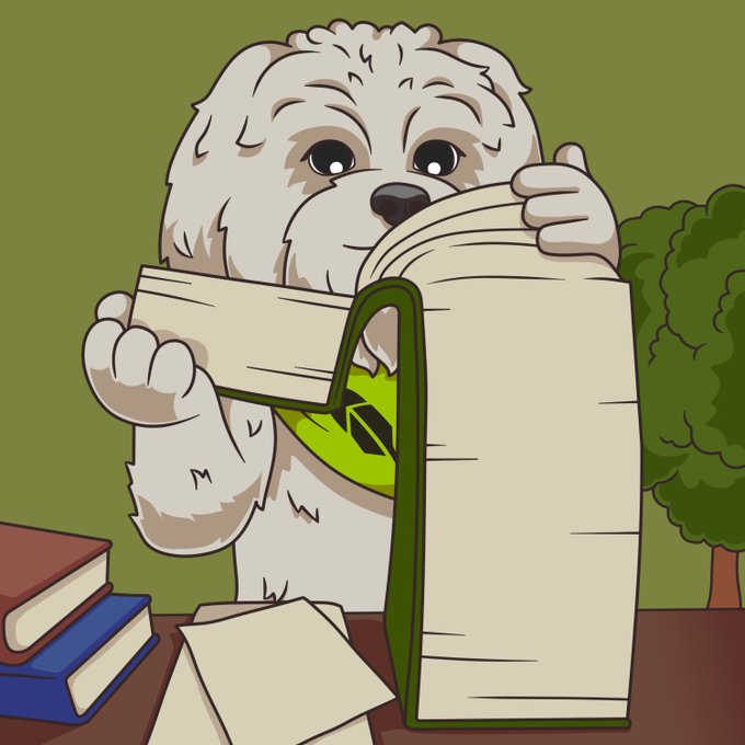 A cartoon illustration of a fluffy white dog holding a long scroll of paper, with books stacked on a desk beside it.