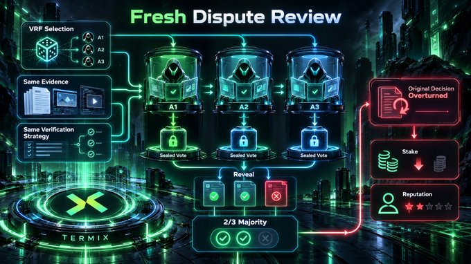 An infographic titled 'Fresh Dispute Review' explaining a TERMIX verification process with VRF Selection, Same Evidence, and 2/3 Majority reaching an 'Original Decision Overturned' outcome.