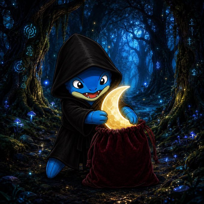 A digital artwork of a small blue creature in a black hooded robe holding a glowing crescent moon above a red velvet sack in a mystical forest with glowing blue mushrooms and runes.
