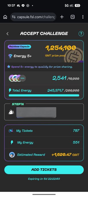 A mobile screenshot of a crypto gaming interface titled 'ACCEPT CHALLENGE' showing a 'Rainbow Capsule' pool with an Energy score of 1,254,100 GMT, 2,541/10,000 tickets, and an estimated reward of +1,620.47 GMT.
