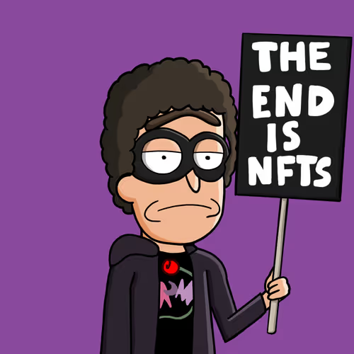 A cartoon illustration of a person with curly brown hair and round glasses holding a protest sign that reads 'THE END IS NFTS' against a purple background.