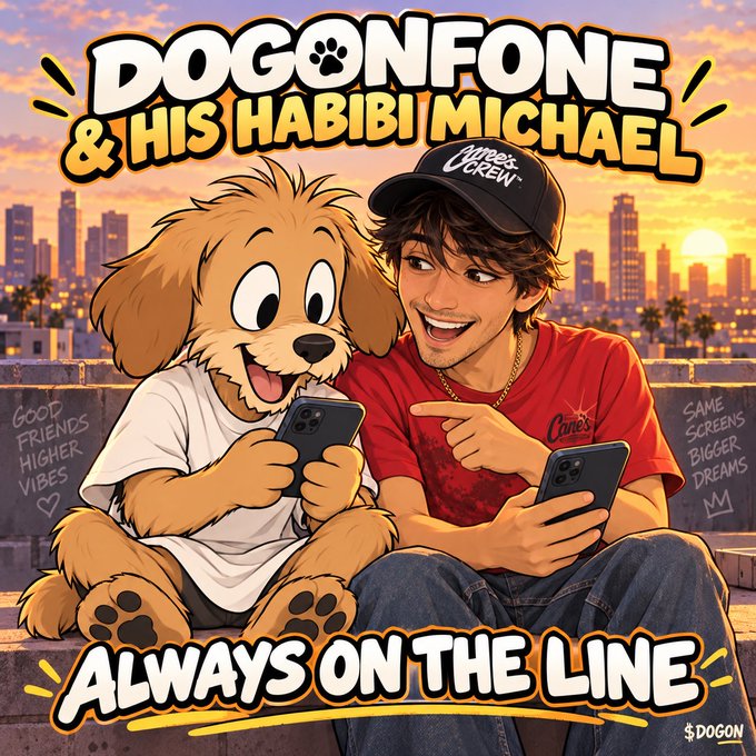 A cartoon-style image shows a dog in a white shirt and a young man in a red "Crew's" shirt looking at phones together, with text reading "DOGONFONE & HIS HABIBI MICHAEL," "ALWAYS ON THE LINE," and "$DOGON."