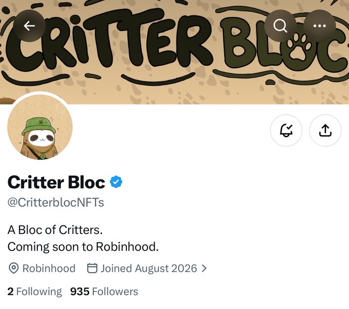 The image shows the official Twitter/X profile page for "Critter Bloc" (@CritterblocNFTs), an upcoming NFT collection on Robinhood with 935 followers, featuring a sloth mascot in its profile picture and banner. This aligns with the post highlighting Critter Bloc's early status and upcoming Robinhood launch, which is why they're soliciting wallets for potential whitelist spots.