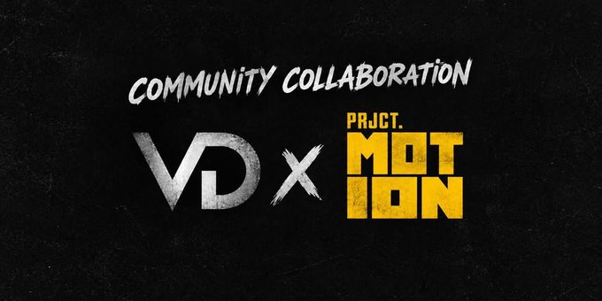 A black promotional graphic displays the text 'COMMUNITY COLLABORATION' above the logos for 'VDX' and 'PRJCT. MOTION'.