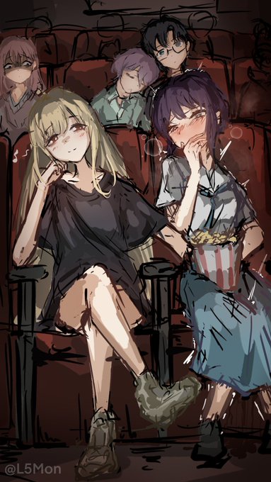 Two anime-style girls sit in a movie theater watching a screening, one eating popcorn while the other leans forward with interest, with other audience members visible behind them in the dim lighting; the watermark "@L5Mon" appears in the lower-left. The image relates to the post's playful metaphor of "putting the fun back into fundamentals" by visually depicting an attentive, engaged audience—a fitting analogy for viewers actively engaging with foundational concepts being presented to them.