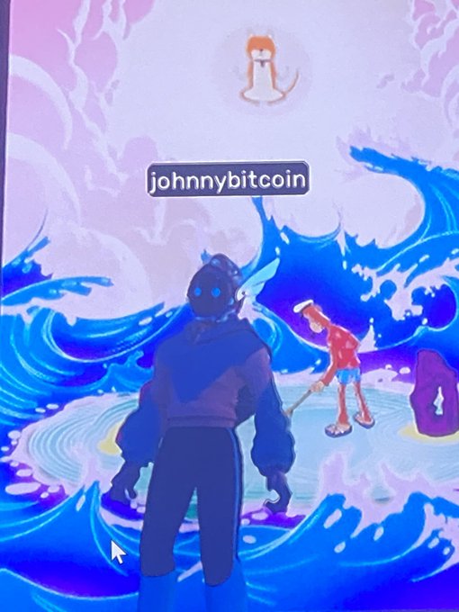 A digital illustration of a dark, silhouetted figure with glowing blue eyes standing in stylized blue waves, with the username 'johnnybitcoin' displayed in a bubble.