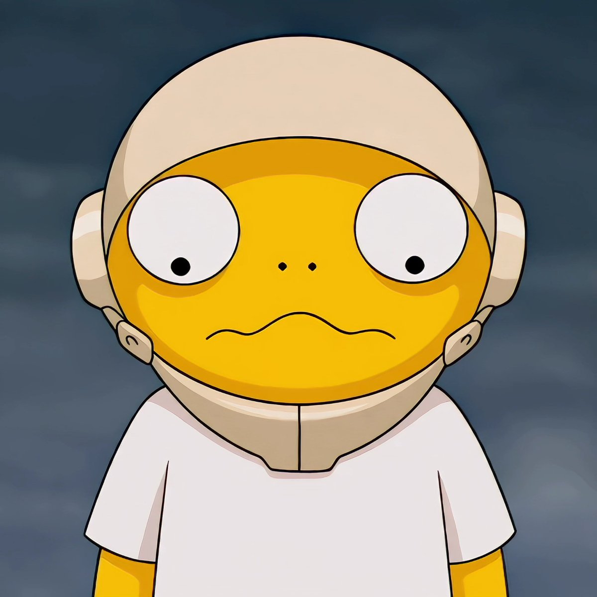 A cartoon illustration of a character with a yellow octopus-like face, large eyes, a worried mouth, wearing a white shirt and beige helmet against a stormy sky background.