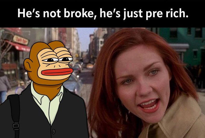 A meme combining a Spider-Man pointing meme template, a skeptical Pepe-style character with a brown face, and a screenshot of Mary Jane from Spider-Man with the caption "He's not broke, he's just pre rich."