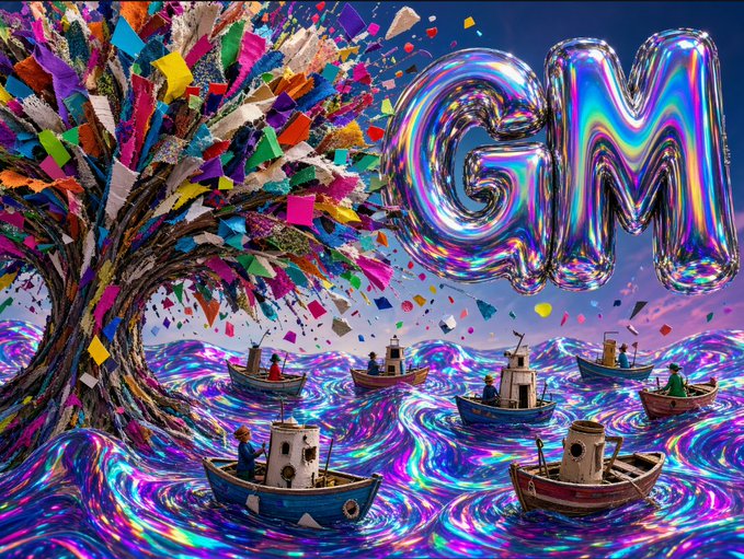 A colorful, psychedelic digital artwork featuring the letters 'GM' in iridescent chrome balloon style, with small boats on swirling multicolored waves and a tree made of fragmented colored shapes.