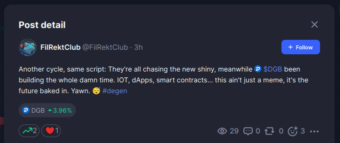 A Twitter post by 'FilRektClub' discusses 'DGB' and '$DGB', highlighting the project's focus on 'IOT, dApps, smart contracts', with a 'DGB 3.96%' price ticker visible.