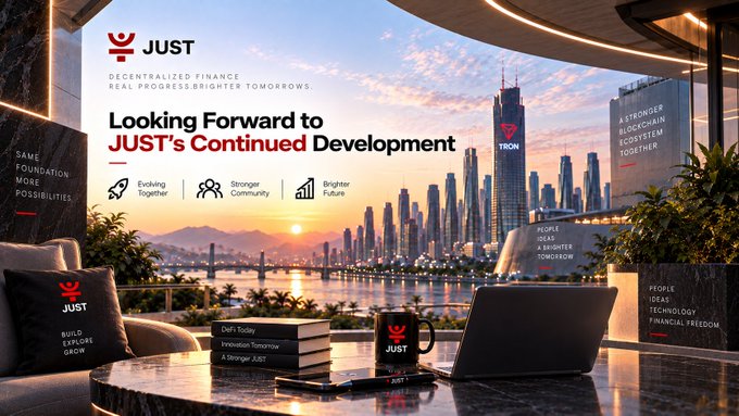 A scenic 3D rendering of a modern luxury room overlooking a sunset cityscape, promoting 'JUST' with the tagline 'Looking Forward to JUST's Continued Development' and 'DeFi Today, A Vision Tomorrow, A Stronger JUST'.