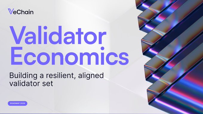 The image features a poster for a new type of validator called "Validator Economics", which is designed to help manage the economy by building a resilient, aligned validator set. The poster includes a photo of a blue and purple striped glass surface with the text "Validated Economics" written on it in white letters. The poster also has a title that reads "Building a resilient, aligned validator set".