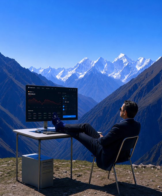 A man in a suit relaxes at a makeshift desk with feet propped up, working on a computer displaying a "Portfolio Crypto Tracker" dashboard showing "$68,483.21," set against a breathtaking mountain backdrop—capturing the "GM" crypto lifestyle vibe of working remotely with a portfolio view.