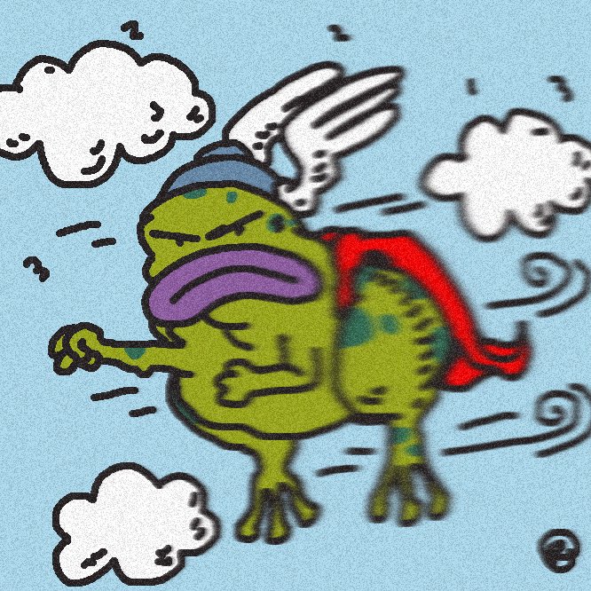 A cartoon illustration of a green, grumpy-looking monster with purple lips and white angel wings flying through a blue sky with white clouds.