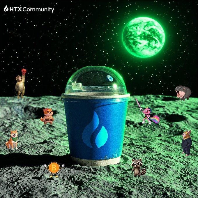 A blue HTX-branded cup sits on a moon-like surface surrounded by various cartoon mascots and a glowing green moon, with "HTX Community" text in the top-left corner and a Bitcoin symbol nearby, playfully illustrating the post's theme of coins heading "to the moon."