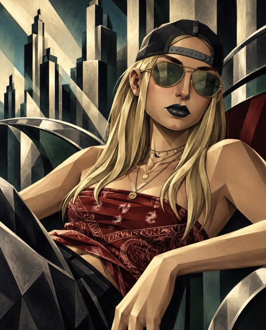 An art deco style illustration depicts a blonde woman wearing a backwards black cap, aviator sunglasses, and a red paisley patterned top, with a geometric city skyline in the background.