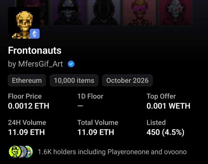A "Frontonauts" NFT collection by MfersGif_Art on Ethereum with 10,000 items, showing a floor price of 0.0012 ETH, 11.09 ETH total volume, and 450 (4.5%) listed—aligning with the post about the user minting some of the 10K collection early after spotting the mint go live.