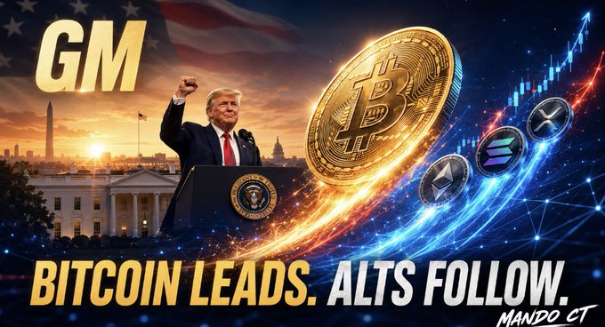 The image features a "GM" greeting with Donald Trump speaking at a podium beside the White House, alongside a large Bitcoin coin and other cryptocurrencies (including Ethereum and XRP) soaring upward against an American flag backdrop, with the bold text "BITCOIN LEADS. ALTS FOLLOW." and signed "MANDO CT" at the bottom. The visual reinforces the post's message about Bitcoin leading the crypto market rally due to pro-crypto Trump administration policies, with altcoins expected to follow once Bitcoin's momentum triggers liquidity rotation.