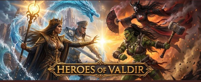A fantasy game banner titled 'Heroes of Valdir' featuring a queen with a staff, a blue ice dragon, a knight, a samurai with a fan, and a green orc warrior with a hammer.
