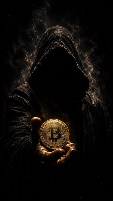 A dark, hooded, mysterious figure holding a glowing gold Bitcoin in their hand.
